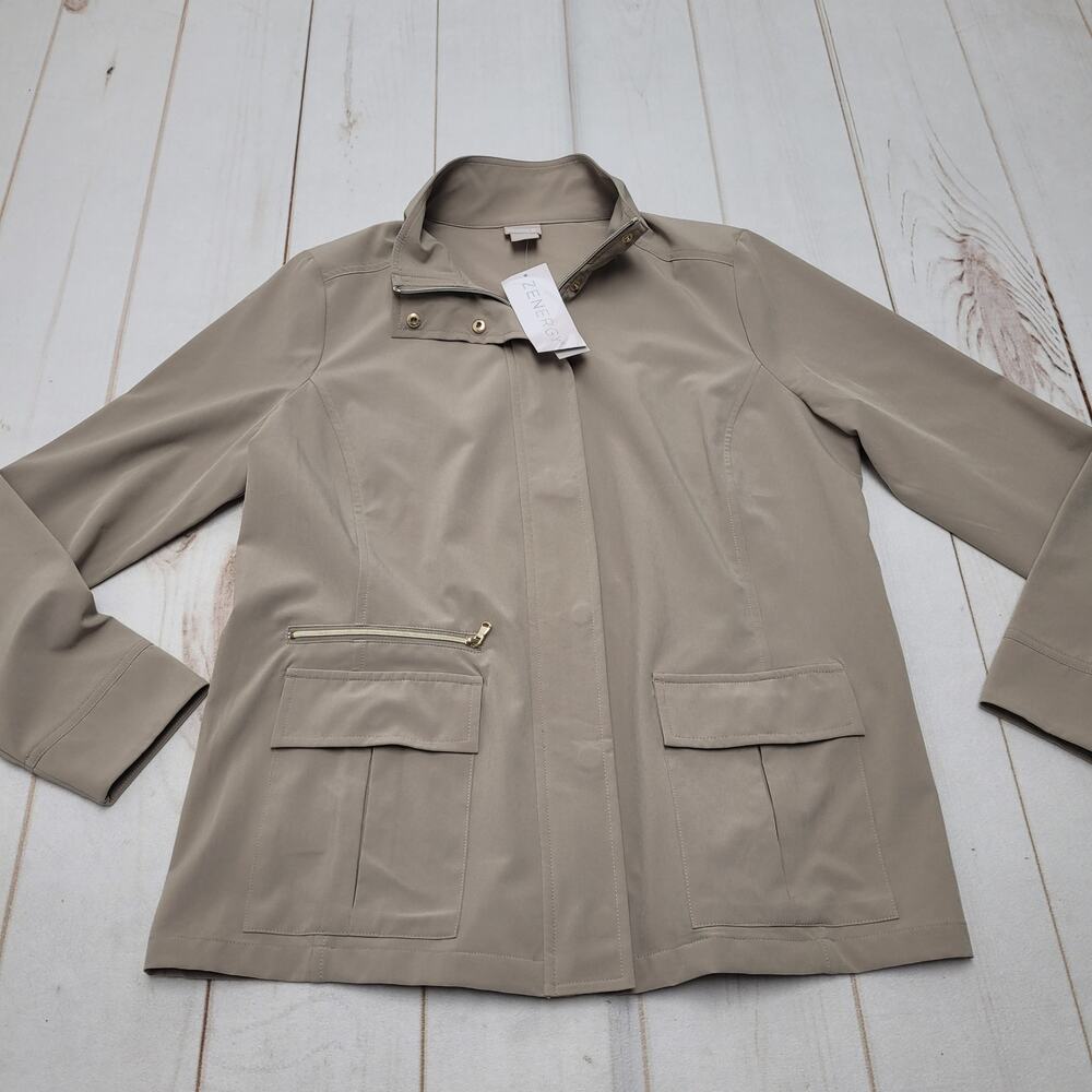 Chicos NWT Zenergy travel jacket full zip modern taupe stretch minimalist 1